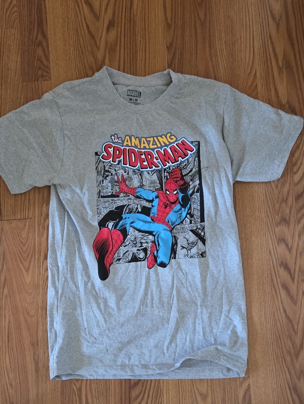 Marvel Gray Spider-Man Comic Panel Tee with Red & Blue Art